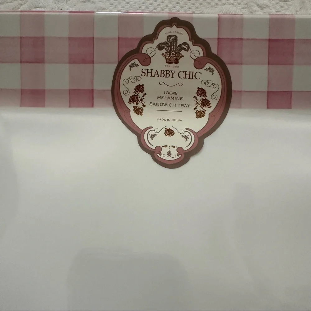NWT Shabby Chic Pink White Gingham Rectangular Melamine Sandwich Tray Platter